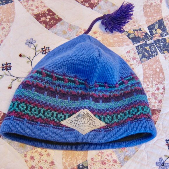 VINTAGE BANFF SUNSHINE VILLAGE BLUE WOOL FAIR ISLE TOQUE SKI BEANIE TASSEL - Picture 3 of 8